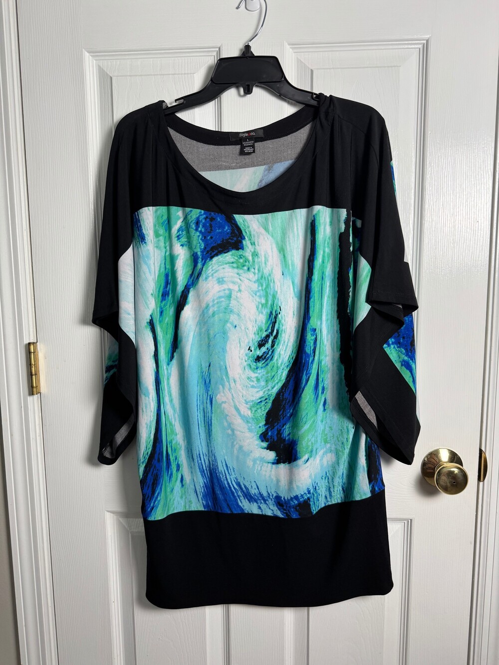 Style & Co Polyester Spandex Blouse Size L Abstract Blue Green Swirl Print
